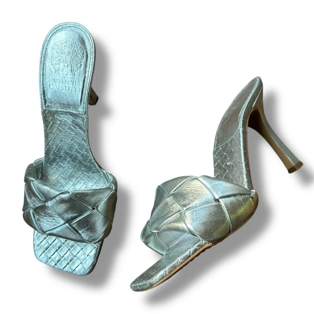 Vince Camuto Brelanie Silver Leather Braided Strap Heeled Slide Sandals | 8.5